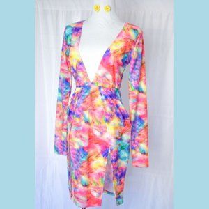 Sexy Neon Tie Dye Bikini Romper Long Sleeve Dress